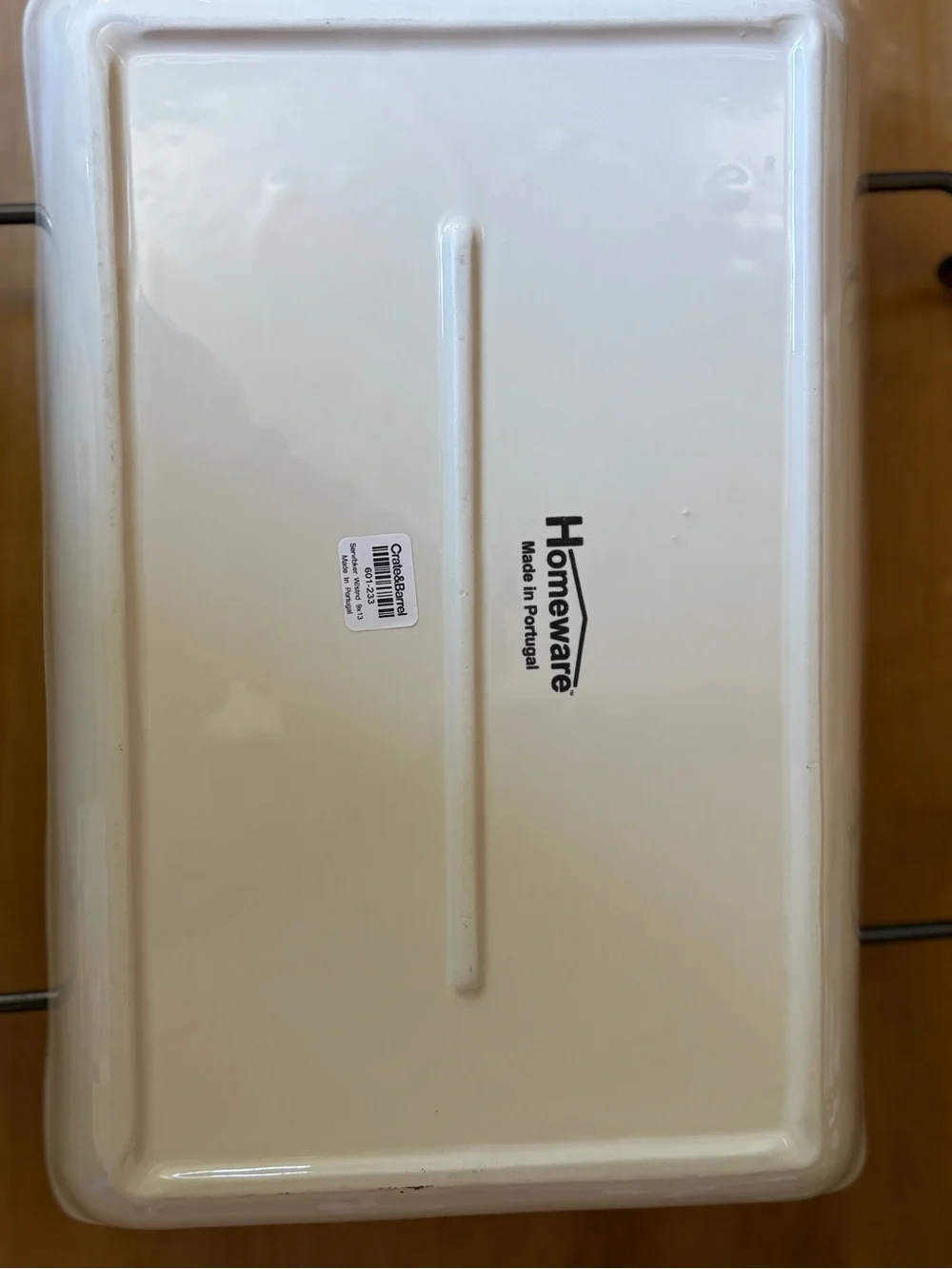 Crate&Barrel White Rectangular Ceramic Serving Dish with Iron Stand